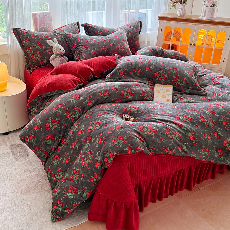 轻奢碎花加厚牛奶绒床盖四件套冬季加厚保暖被套双面绒被罩抗静电