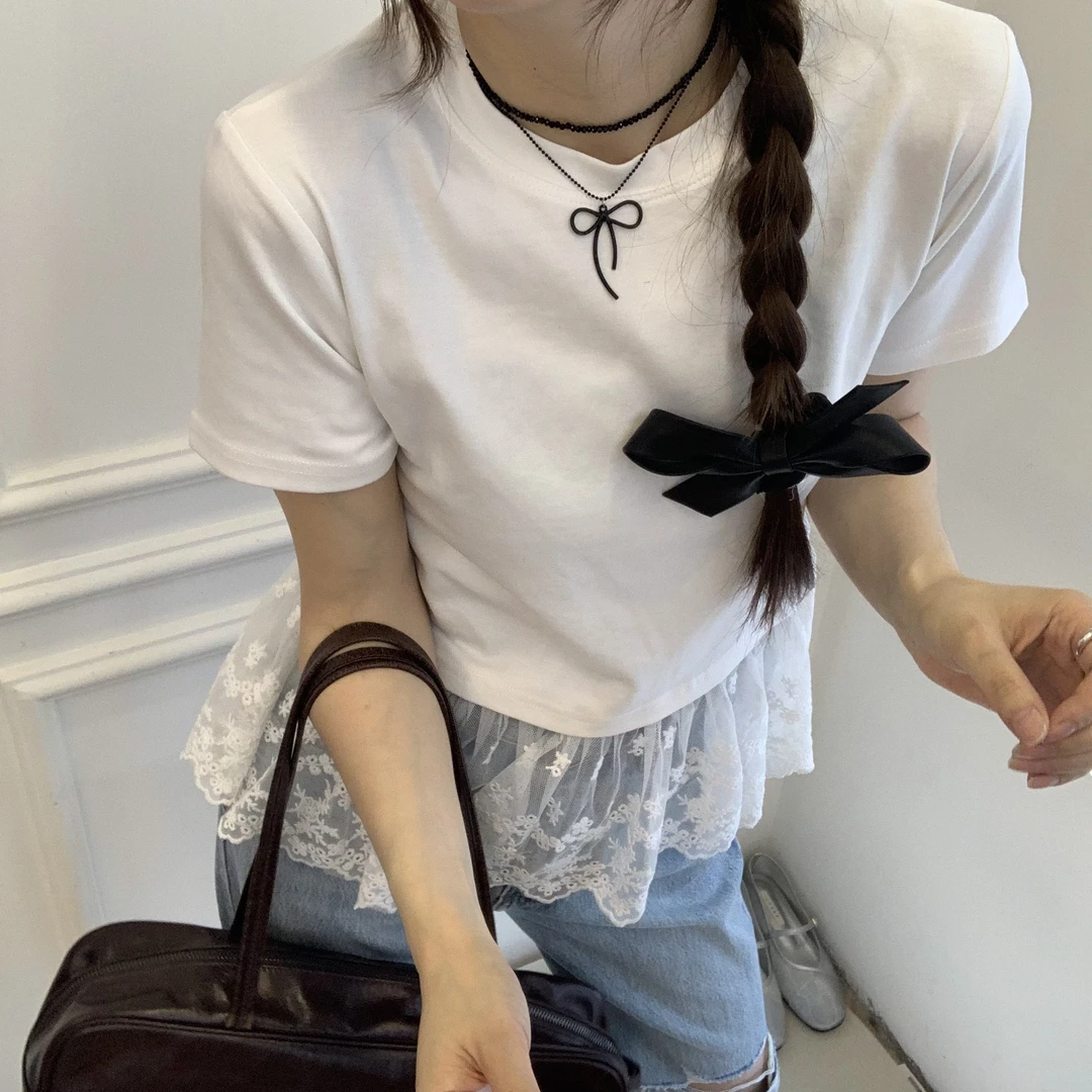 the white｜正品韩代「那白」东大门短袖T恤蕾丝边设计感小众修身