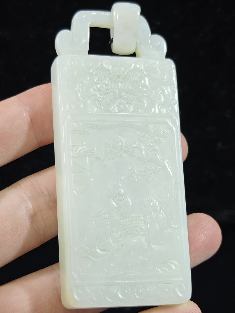 旧藏天然和田玉松鹤延年子冈玉牌挂件配饰79克88*38*8mm