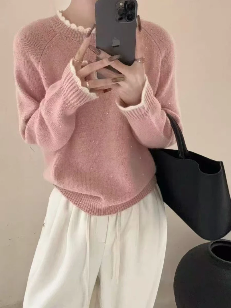 【贝希】花边领细闪毛衫