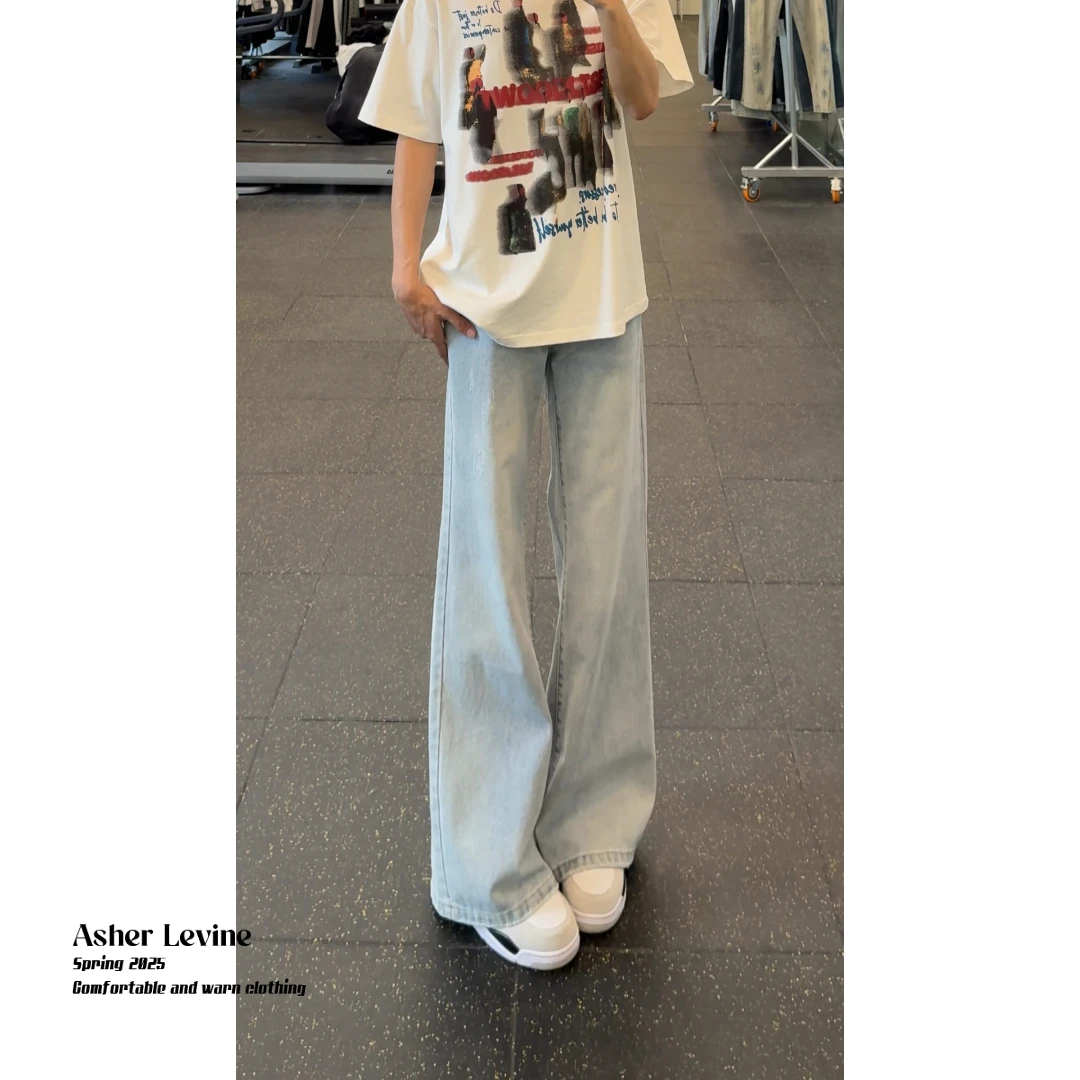 美式复古蓝色水洗裤子男设计感cleanfit牛仔阔腿裤宽松微喇叭长裤