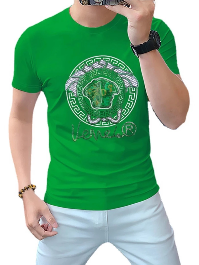 路约威格高端潮牌欧货烫钻男士圆领短袖t恤丝光棉夏季亮片时尚T恤