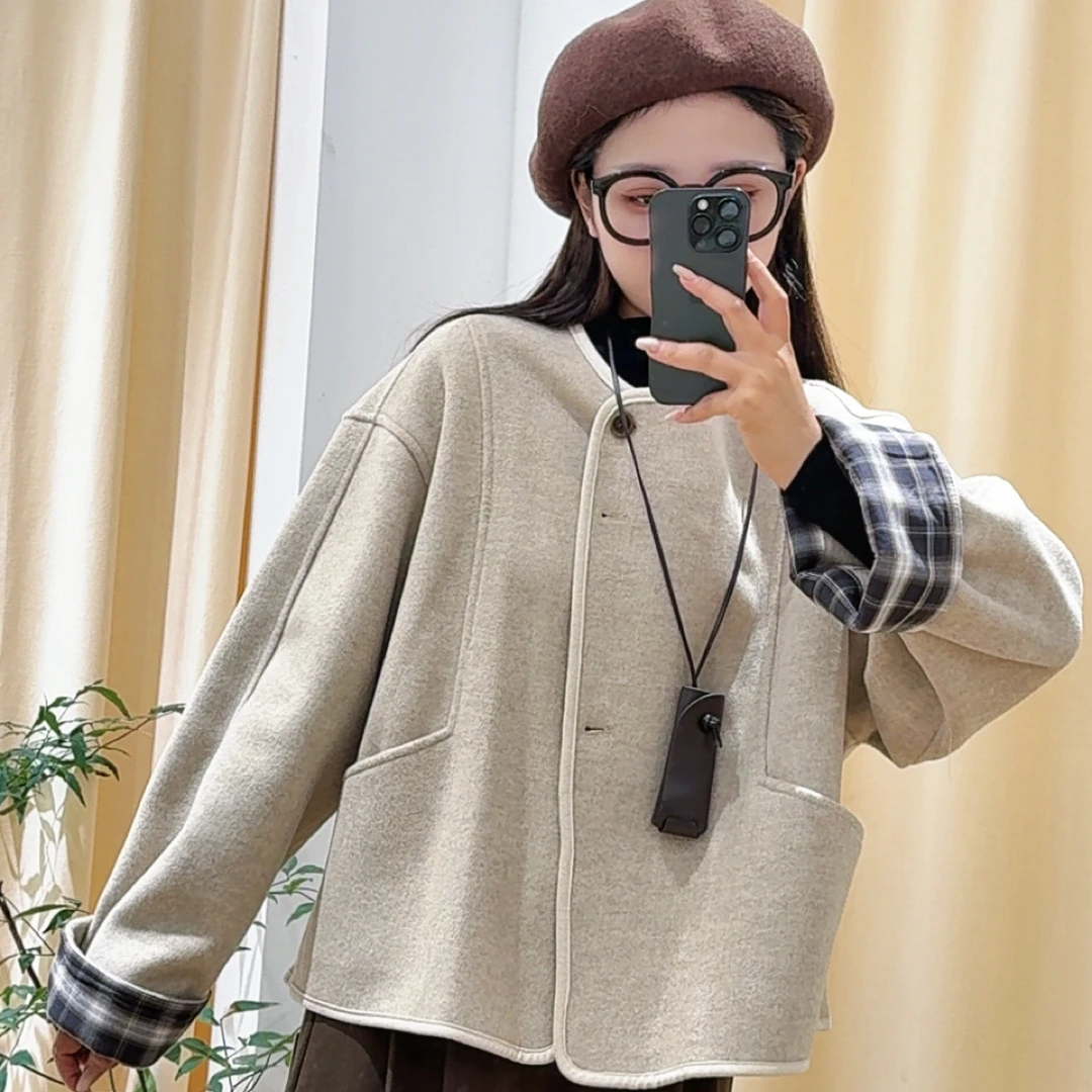 厚款极简风短外套长袖圆领常规单排扣