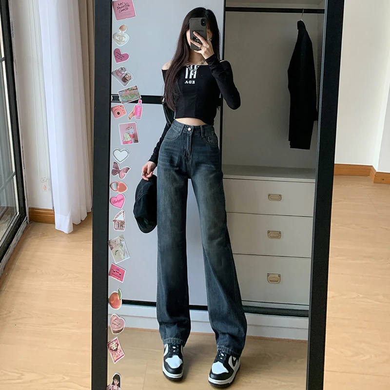 2025春季新款高腰显瘦休闲随性直筒设计感窄版阔腿裤牛仔裤女