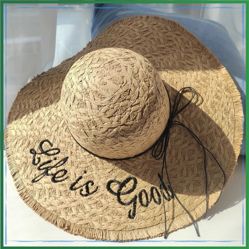 福选夏季草帽度假沙滩遮阳遮阳帽拉菲帽檐字母出游太阳帽百搭海边