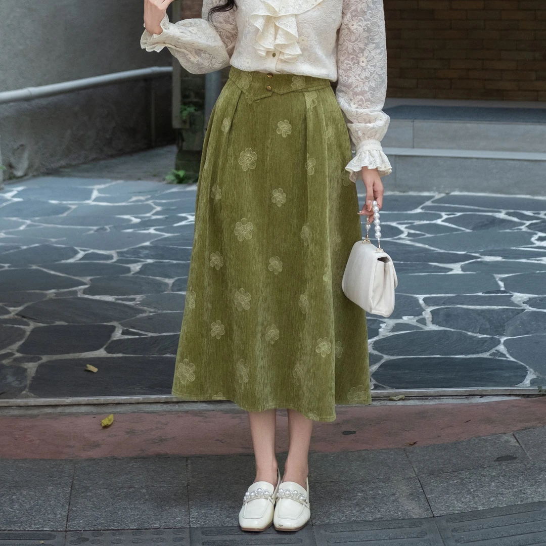 LIJIUJIU【绣染青芸】秋高腰显瘦时尚复古风刺绣a字半身裙JX2509126