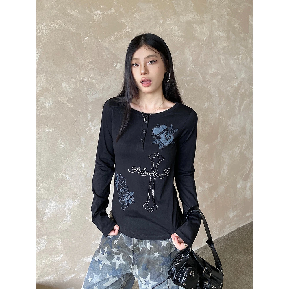 NOWANDHERE千禧复古烫钻长袖T恤Y2K辣妹女修身收腰打底上衣秋款