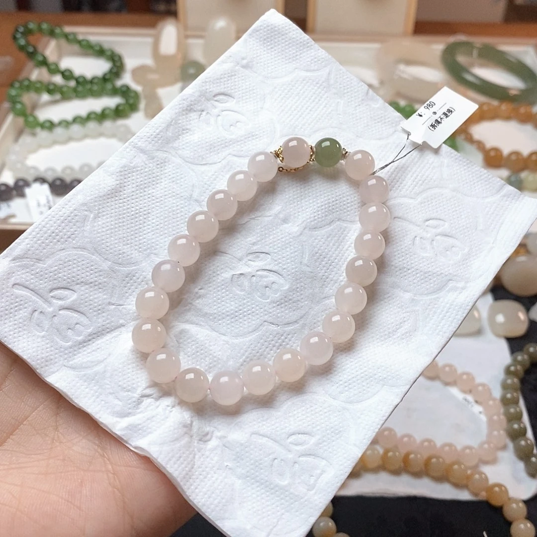 手链18K金镶嵌和田玉和田玉藕粉设计款晴水搭配