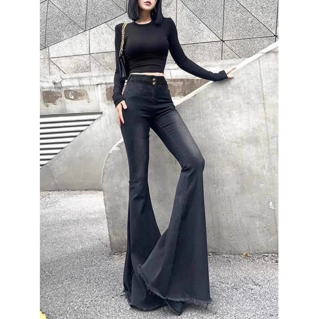美式黑色鱼尾大喇叭高腰牛仔女春秋季修身显瘦弹力毛边拖地长裤子