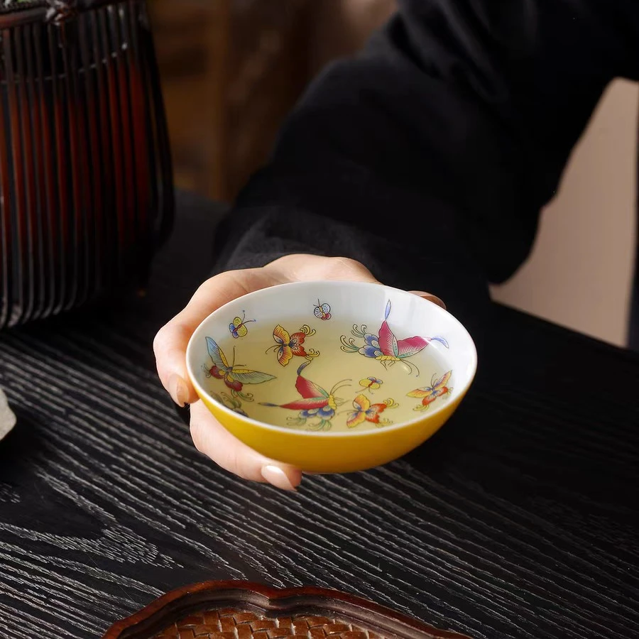 景德镇手工手绘粉彩高温颜色釉蝶恋花高端陶瓷茶具普洱杯