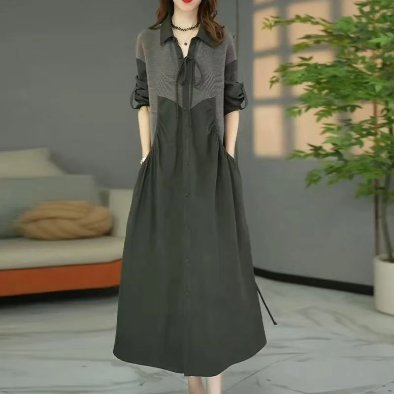设计感韩系撞色拼接长袖连衣裙2025秋季新款通勤POLO领显瘦A字裙