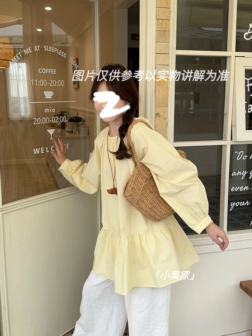 「小吴家」韩系圆领宽松娃娃衬衫连衣裙女微胖mm春季叠穿遮肚中长款