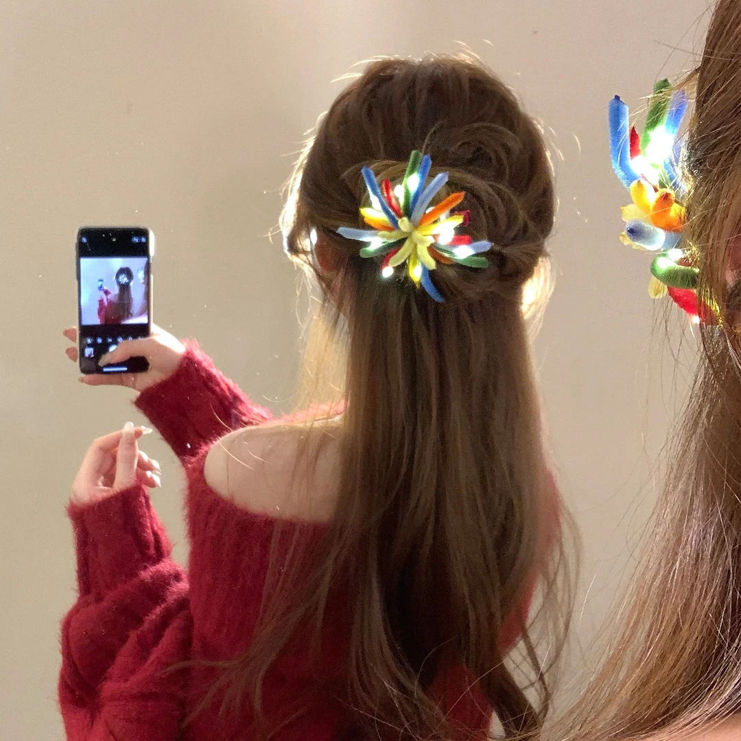 新年花火毛绒扭扭棒烟花发光发夹女高级感侧边夹鸭嘴夹发卡发饰