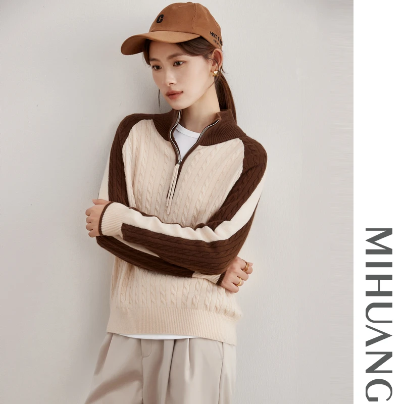 MIHUANG/米皇春上新羊绒插肩袖拼色半拉链休闲套头长袖毛衣542520