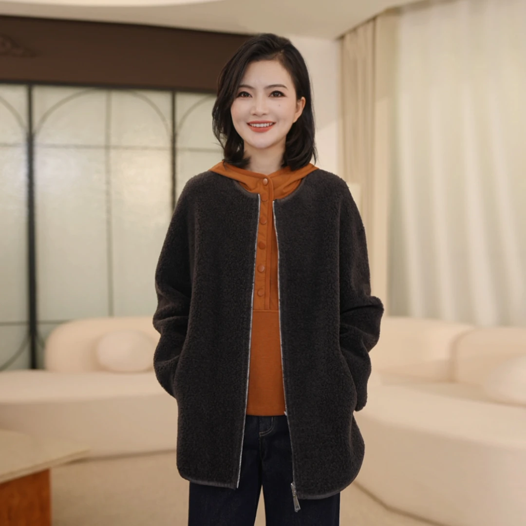 枫竺阿楠anan圆领绵羊毛拼接麂皮外套女秋冬简约保暖中长款大衣