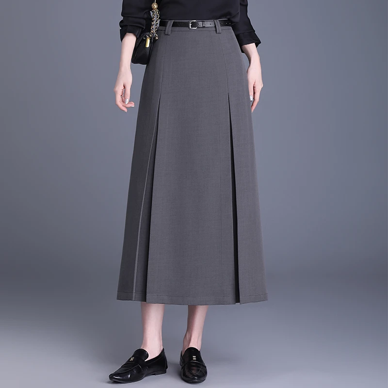 2025春季新款灰色半身裙设计感A字女裙子小个子西装气质百褶长裙
