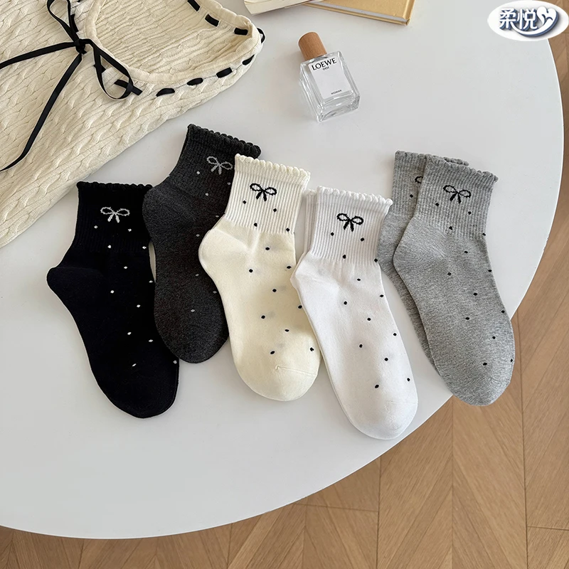【五双】秋冬纯棉中筒袜女士防臭透气木耳边波点蝴蝶结少女花边袜子