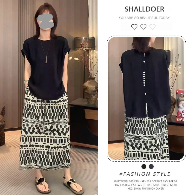 洋气显瘦时尚套装女2025夏季新黑色短袖上衣复古印花半身裙两件套