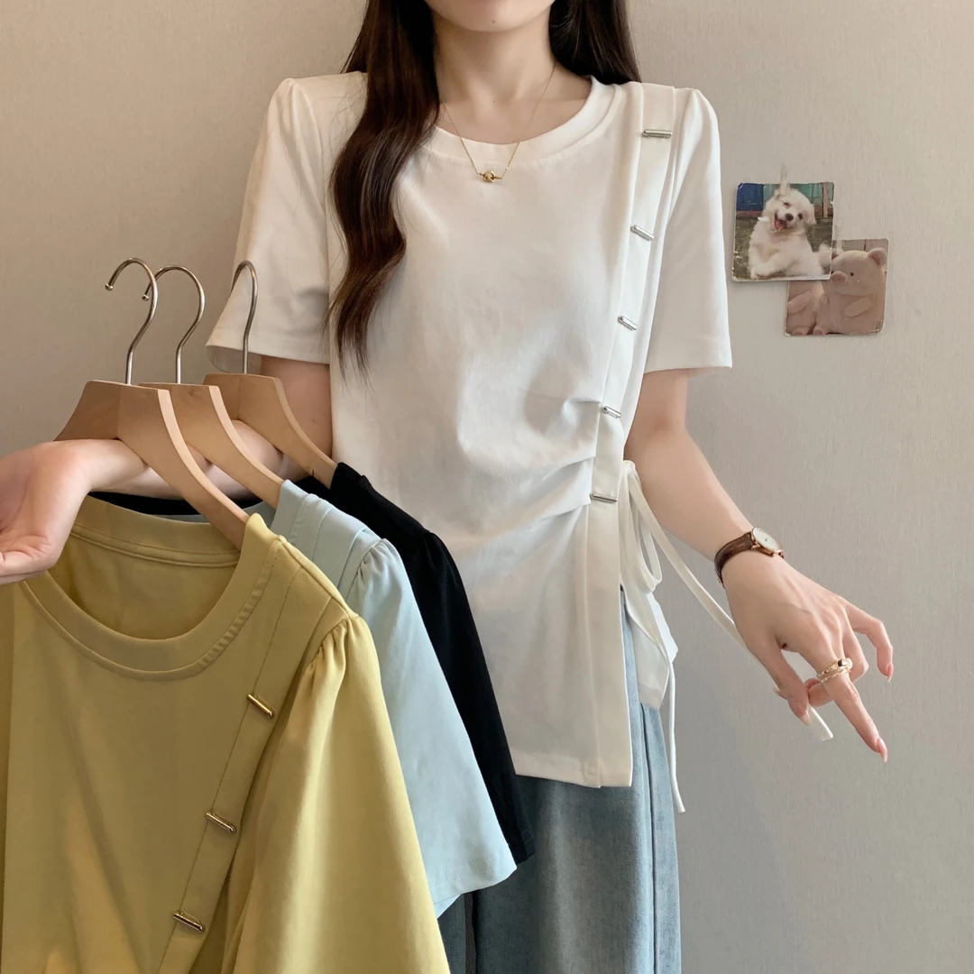 大码胖mm设计感正肩T恤2025夏季遮肚显瘦不规则开叉短袖上衣64523