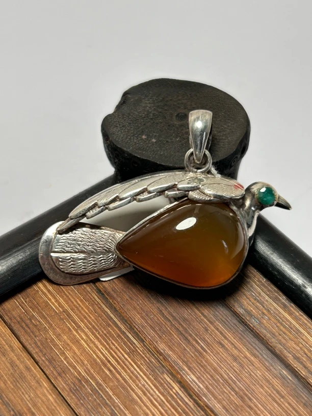 吊坠925银 尼泊尔纯手工银錾刻小鸟镶嵌吊坠藏式