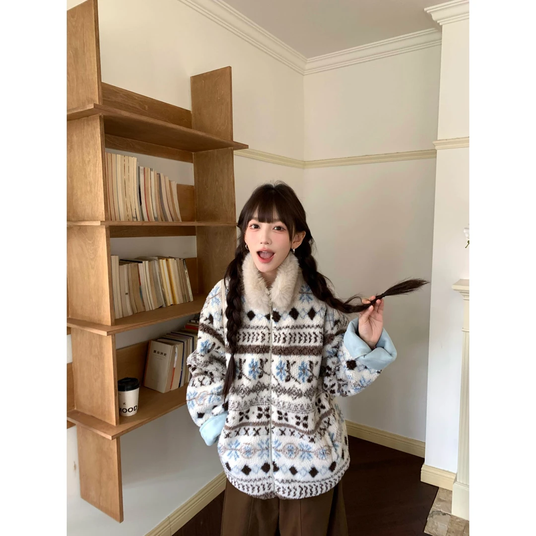 2025新款费尔岛毛领外套女秋冬加厚保暖洋气开衫外套 61056