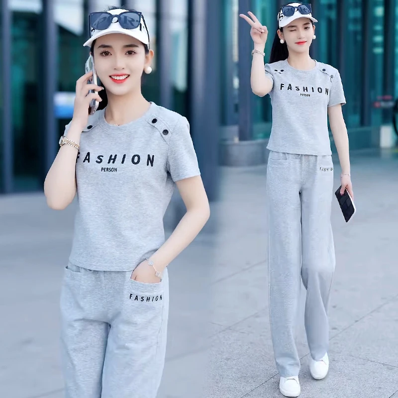 时尚休闲运动服套装女2025年夏季新款设计感短袖t恤阔腿裤两件套