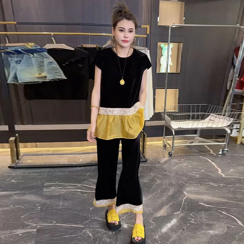 夏季2025休闲洋气百搭新款圆领短袖上衣搭配阔腿长裤丝绒套装