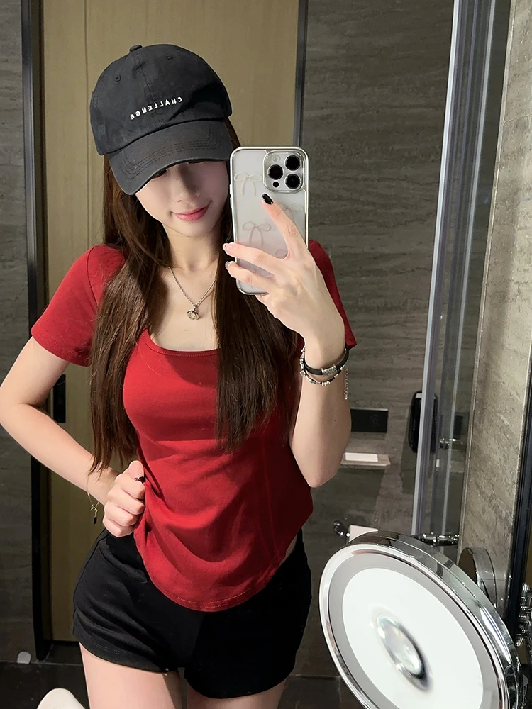 大码女装不规则正肩短袖白色T恤女夏季方领体恤胖MM遮肉显瘦上衣