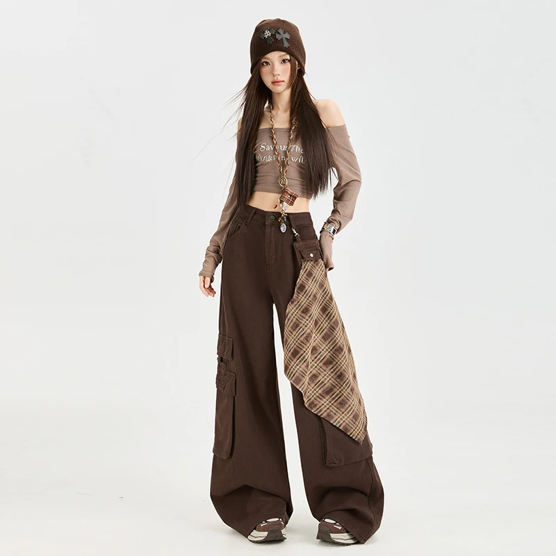 宽松显瘦酷拽休闲高腰百搭阔腿裤女美式复古设计感多口袋工装裤