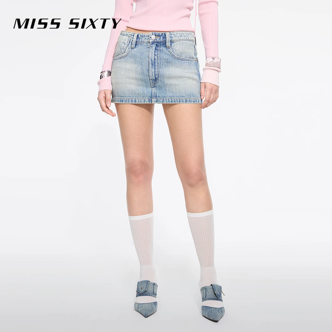 【商场同款新品】Miss Sixty25春新款牛仔短裙重工烫钻中腰复古洗水