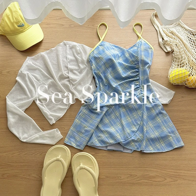 [Sea Sparkle]奶糖布丁ins小清新吊带泳衣保守遮肉连体裙式泳衣