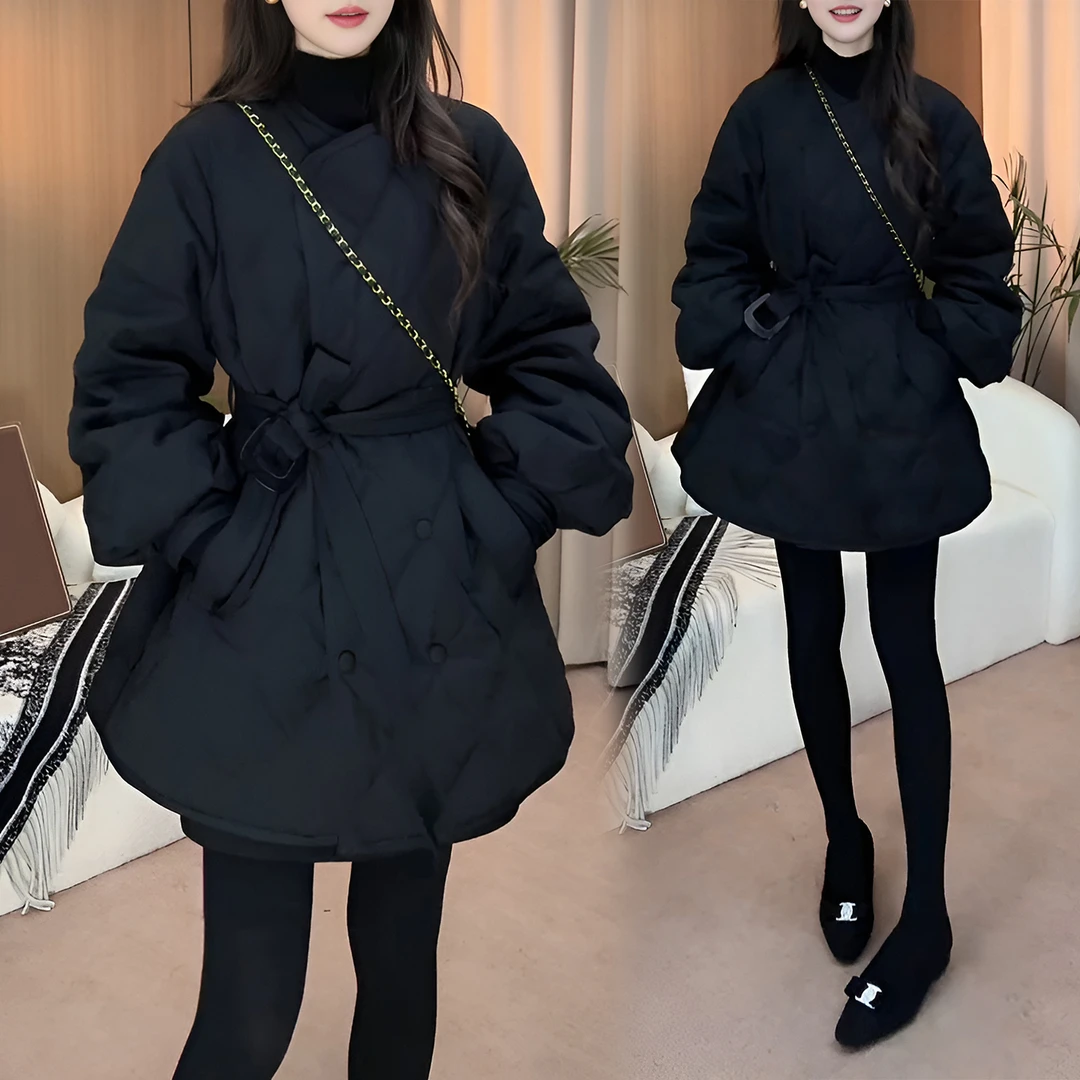 高级感显瘦收腰圆领菱格夹棉外套秋冬加厚保暖气质棉服女百搭