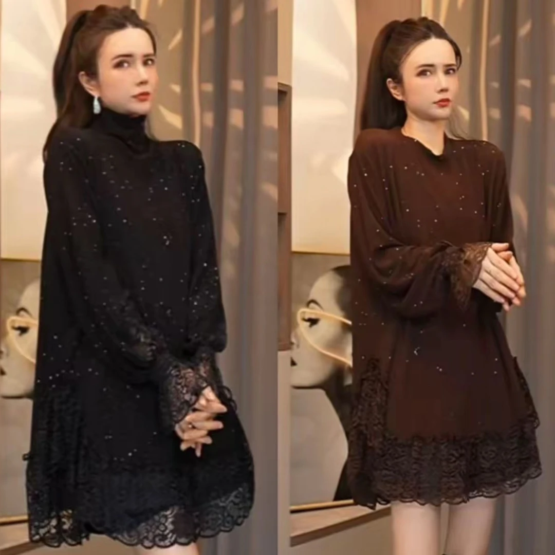 【1028#+1029#】秋冬新款亮晶晶拼接蕾丝打底衫