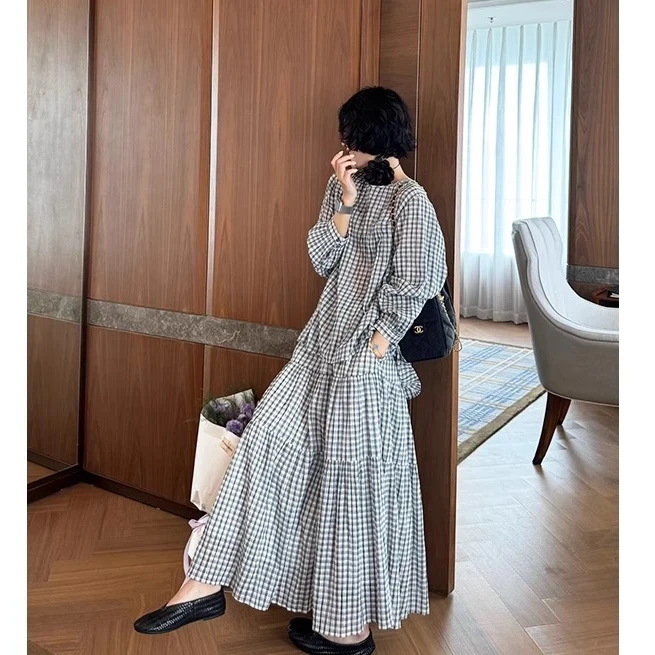 巨好看的秋装一整套黑白格子宽松长袖衬衫气质女神范高端套装裙子
