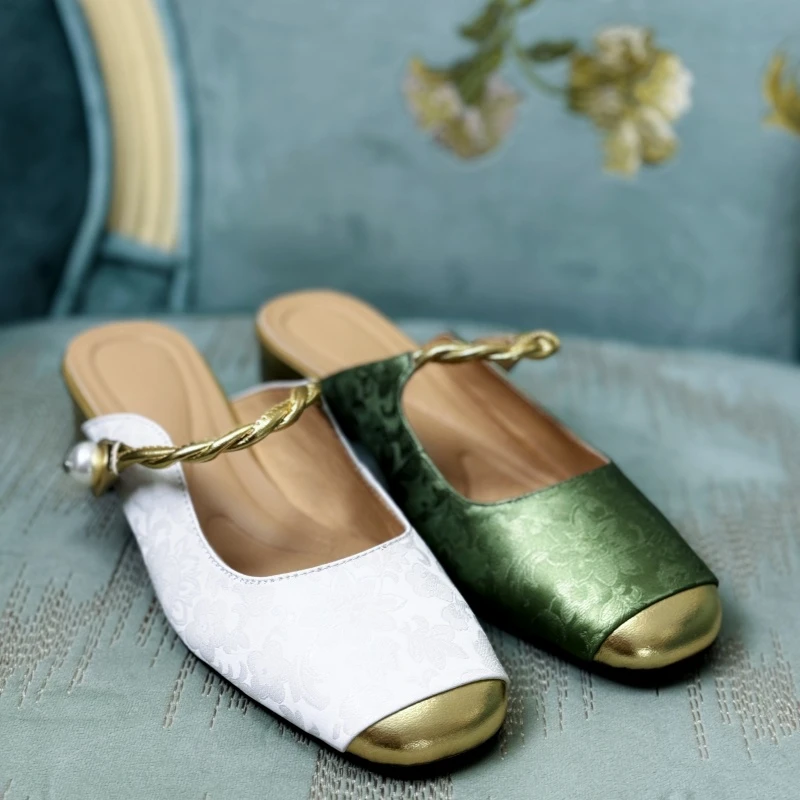 包头软底圆头方头低跟碎花新中式法式时尚凉拖包头拖夏季平底