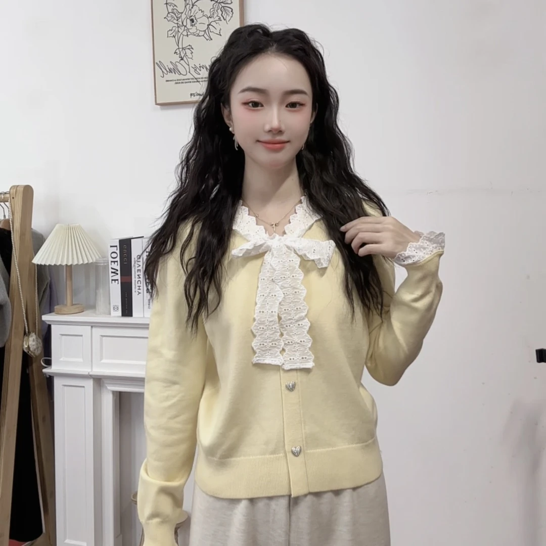 IEF/爱依服2025新款秋冬季法式清新蕾丝蝴蝶结减龄毛织上衣