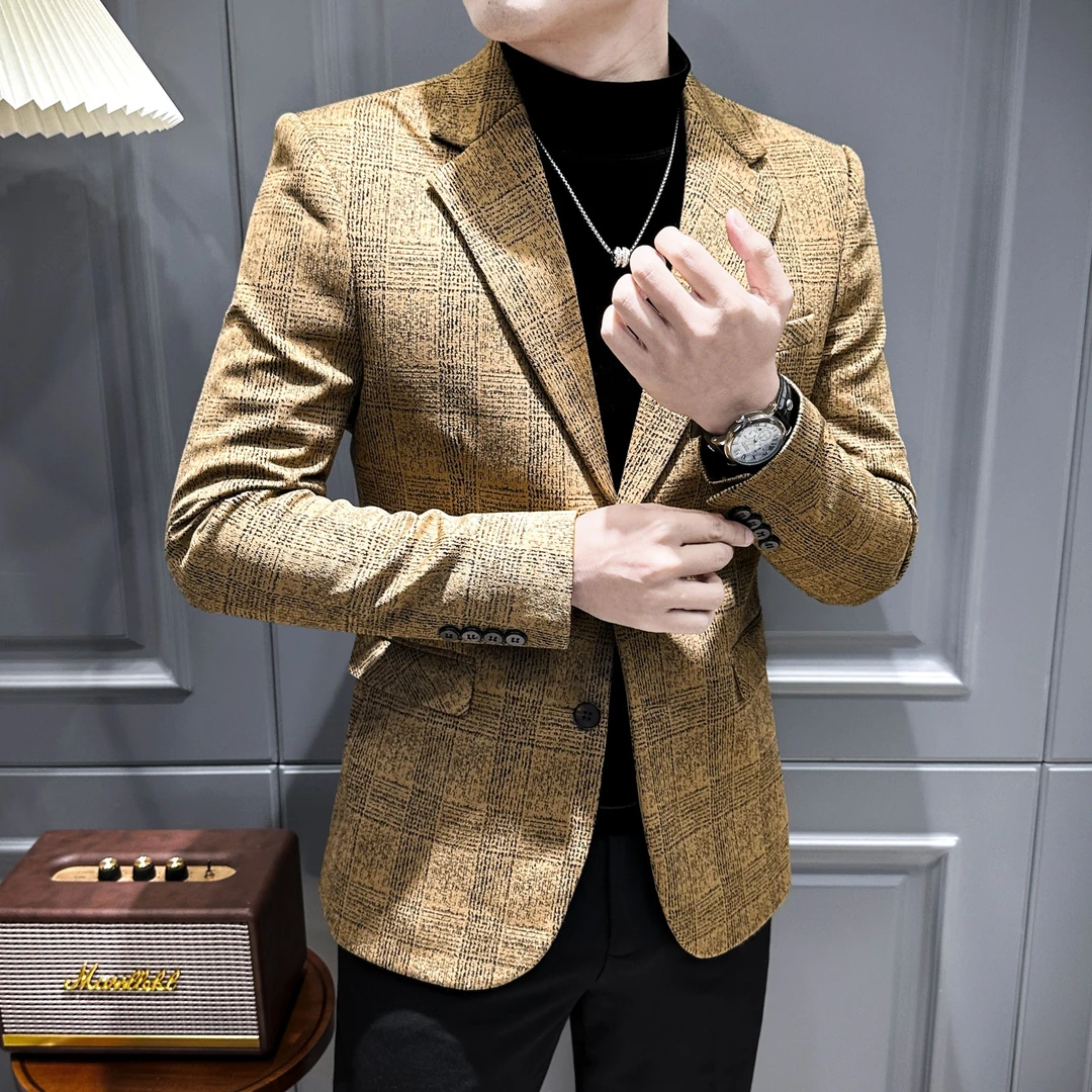 方格线条休闲西装外套男款秋季韩系西服单件上衣男士新款2025爆款