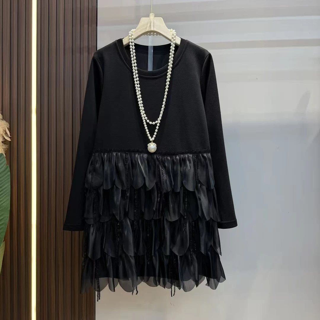 欧洲站2025早秋时尚拼接设计感高级气质蛋糕裙显瘦连衣裙6082