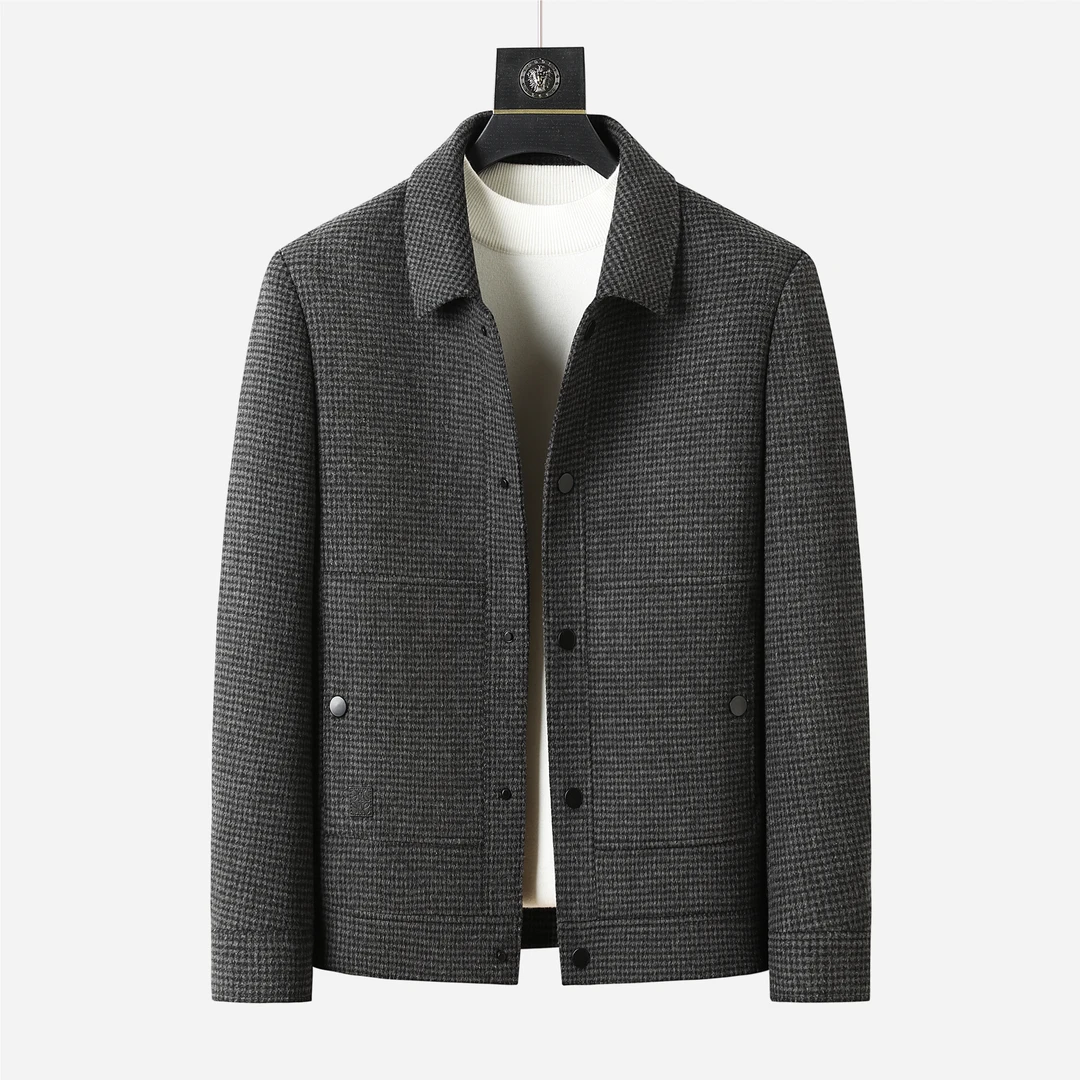 男士秋冬休闲翻领手工双面尼千鸟格冬季夹克外套/2306