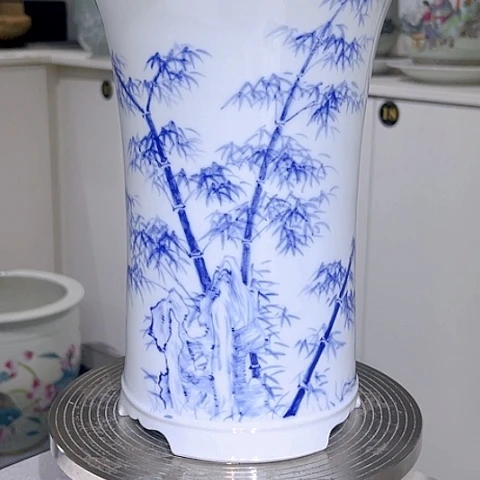 罐***鱼纯手工陶瓷花器青花竹纹陶瓷花器