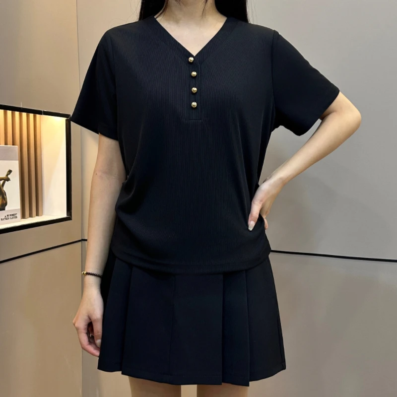 胖MM涅槃 D25021现货时尚V领纽扣T恤夏季新款洋气百搭显瘦上衣