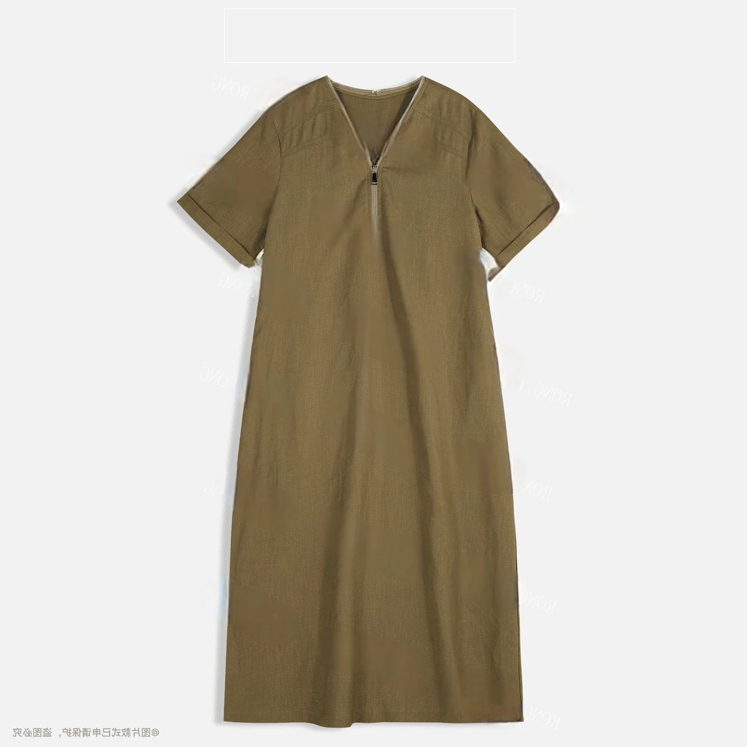 【雾境森色】休闲时尚显瘦莱赛尔亚麻半拉链高级感纯色女士连衣裙