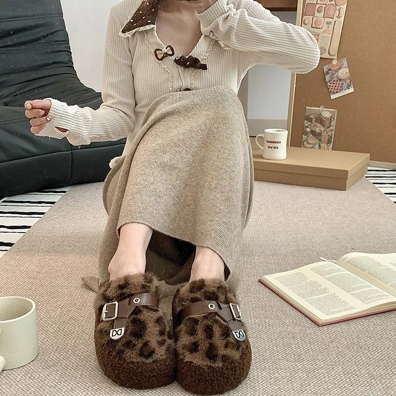 包头半拖鞋女2025秋冬新款保暖棉鞋外穿厚底8829半包豹纹毛毛棉拖