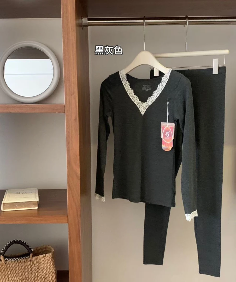 女士V领蕾丝保暖套装6688