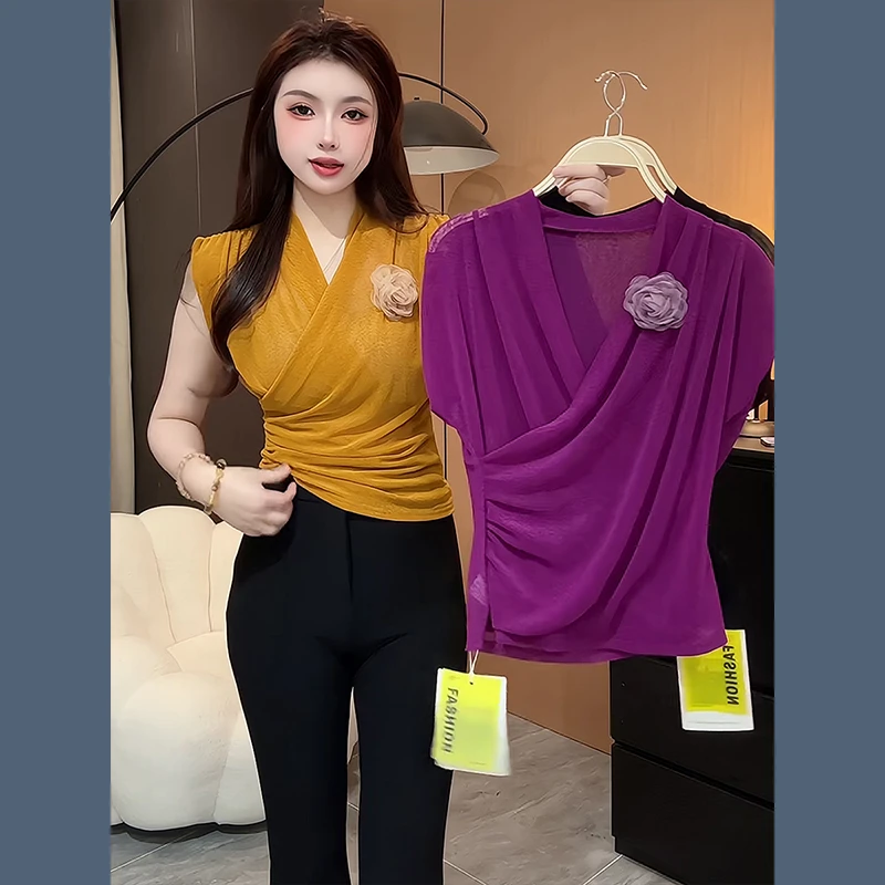 2025夏季韩版V领设计感纯色修身褶皱上衣新款时尚百搭显瘦无袖T