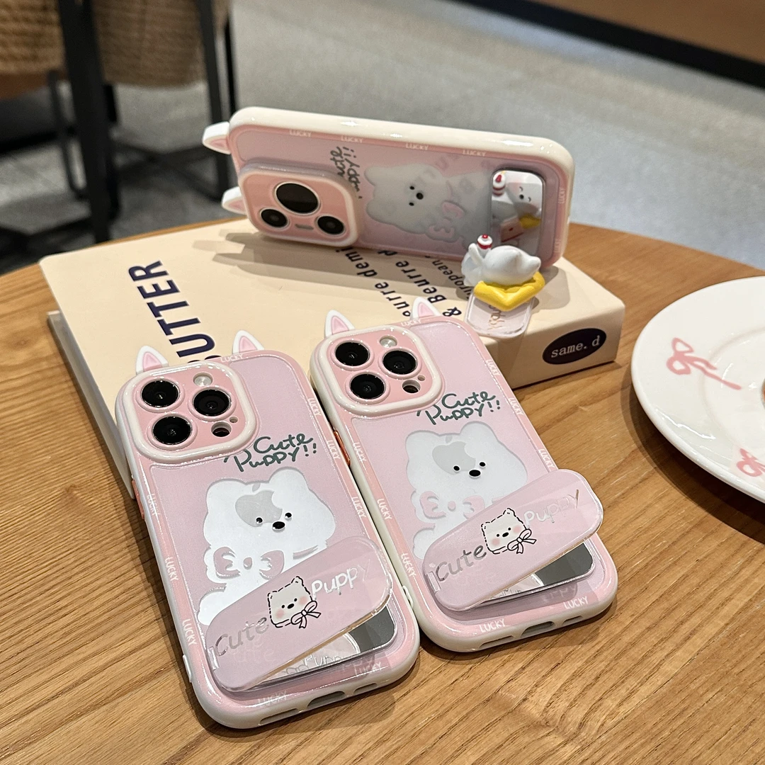 雅天立粉立体耳朵西高地支架适用苹果16手机壳华为vivo小米15oppo