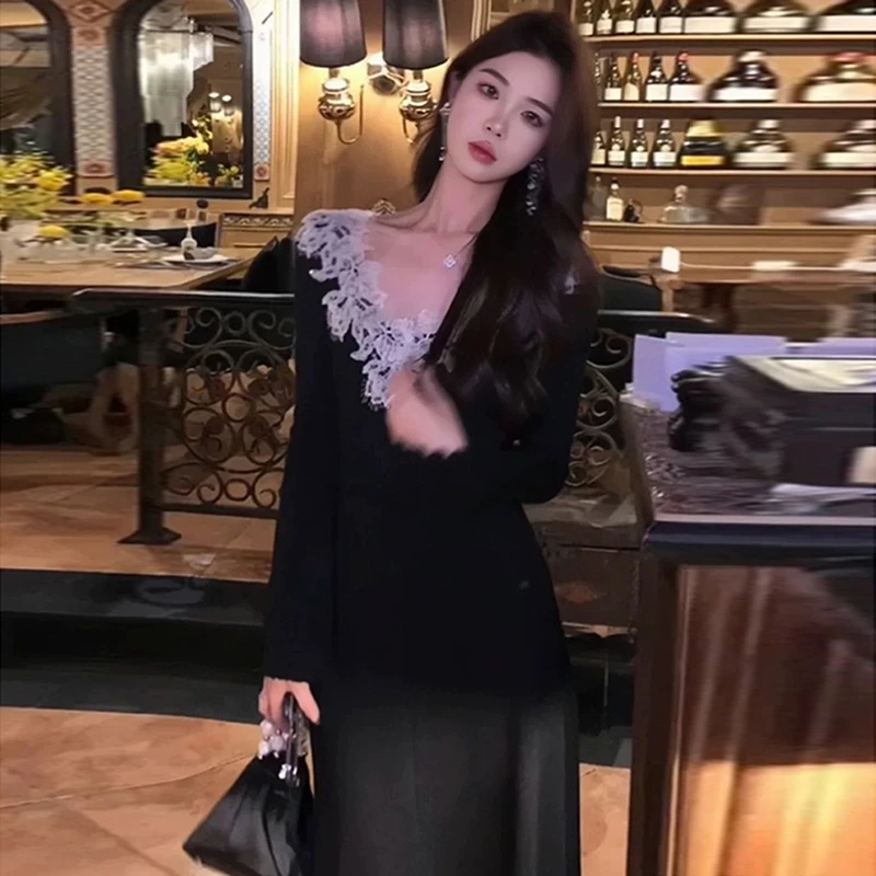 法式小香赫本风黑色v领连衣裙子女2025春新款高级感内搭长裙D0075