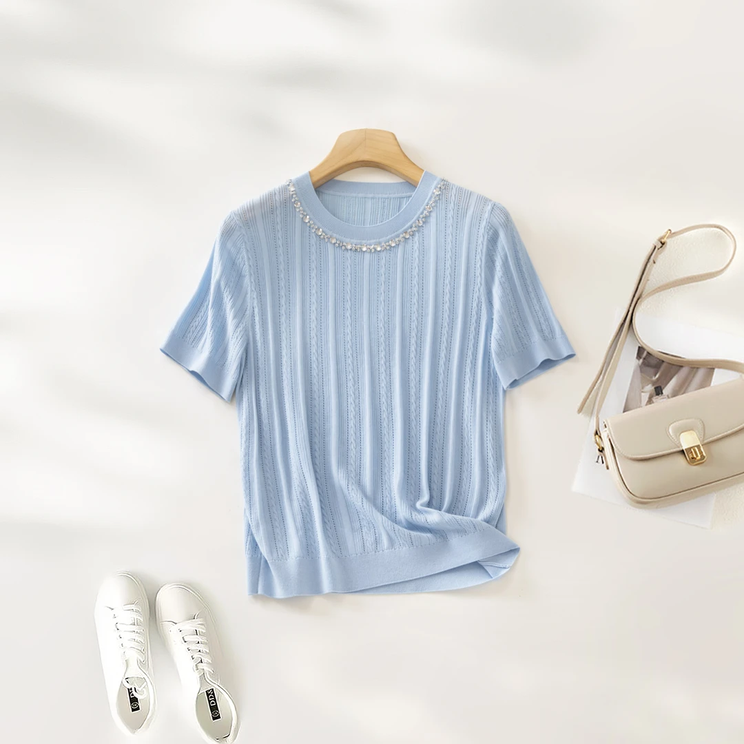 【数兰朵】时尚圆领钉珠夏季短袖 数兰朵新款桑蚕丝天丝薄款上衣