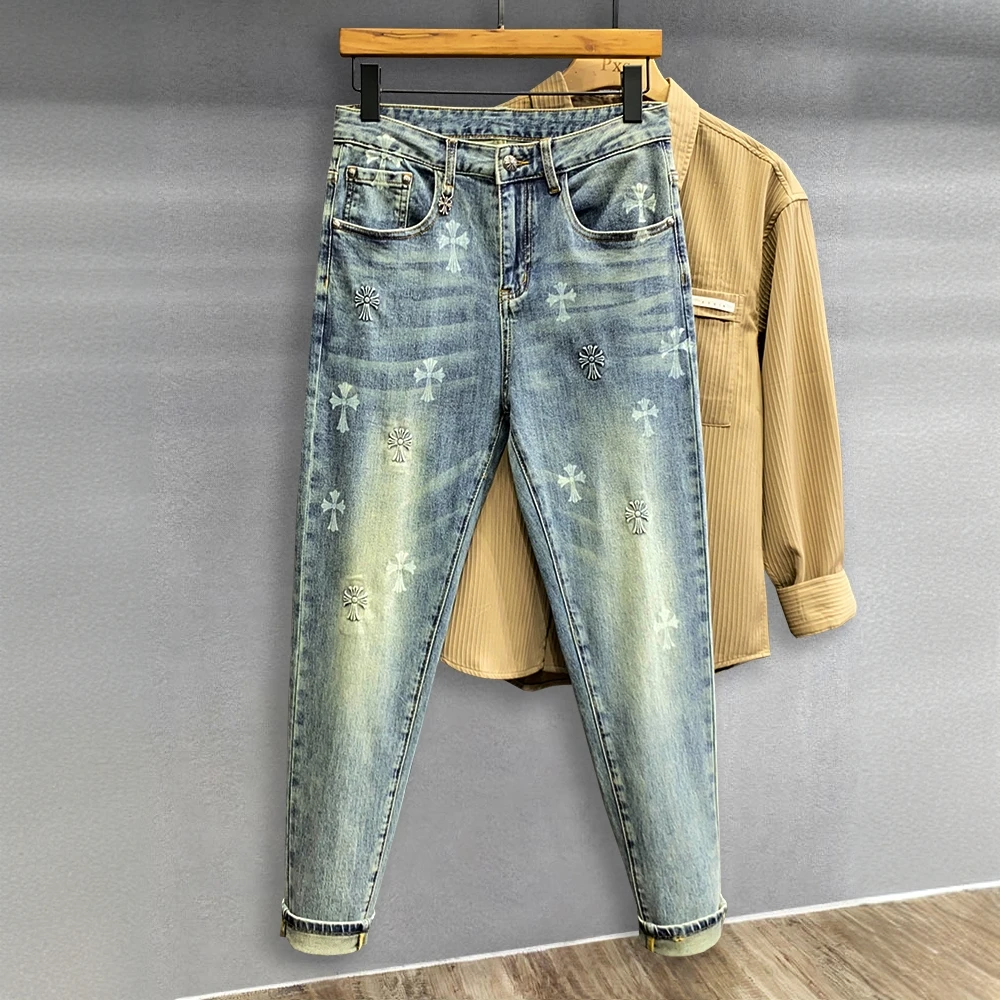 法尔利格夏季薄款十字架印花做旧浅蓝牛仔裤男潮牌修身小脚长裤子