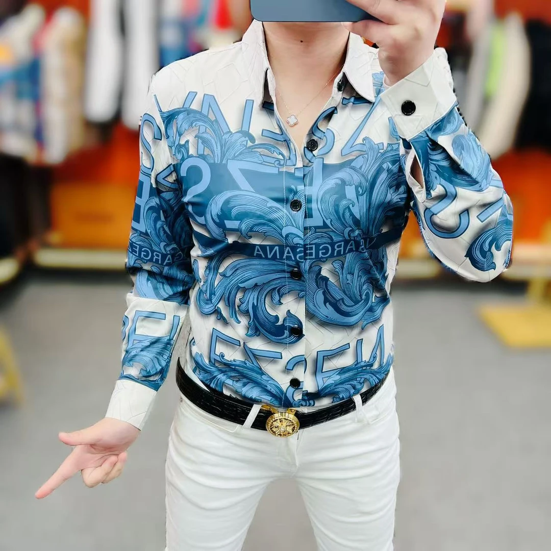 2025春季新款修身字母印花休闲时尚百搭显瘦翻领男士衬衫韩版衬衣